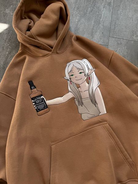 Frieren with whiskey oversize hoodie, Brown, S (warm)