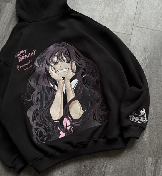 Kaoruko Waguri large embroidery oversize hoodie, Gray, S (warm)