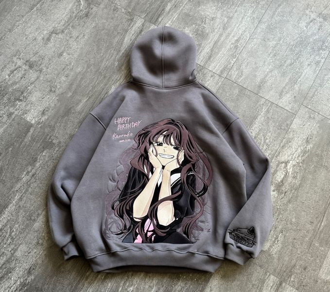 Kaoruko Waguri large embroidery oversize hoodie, Gray, S (warm)